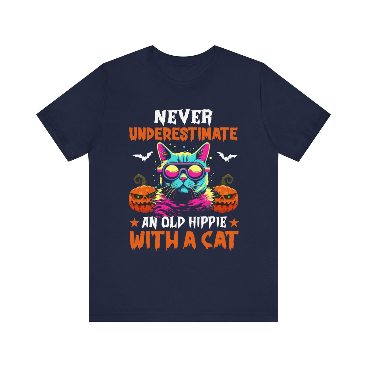 Never Underestimate An Old Hippie With A Cat Halloween Tee