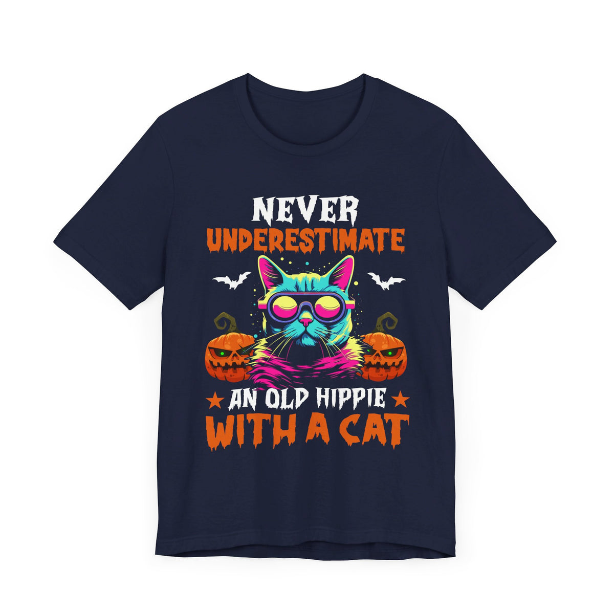 Never Underestimate An Old Hippie With A Cat Halloween Tee