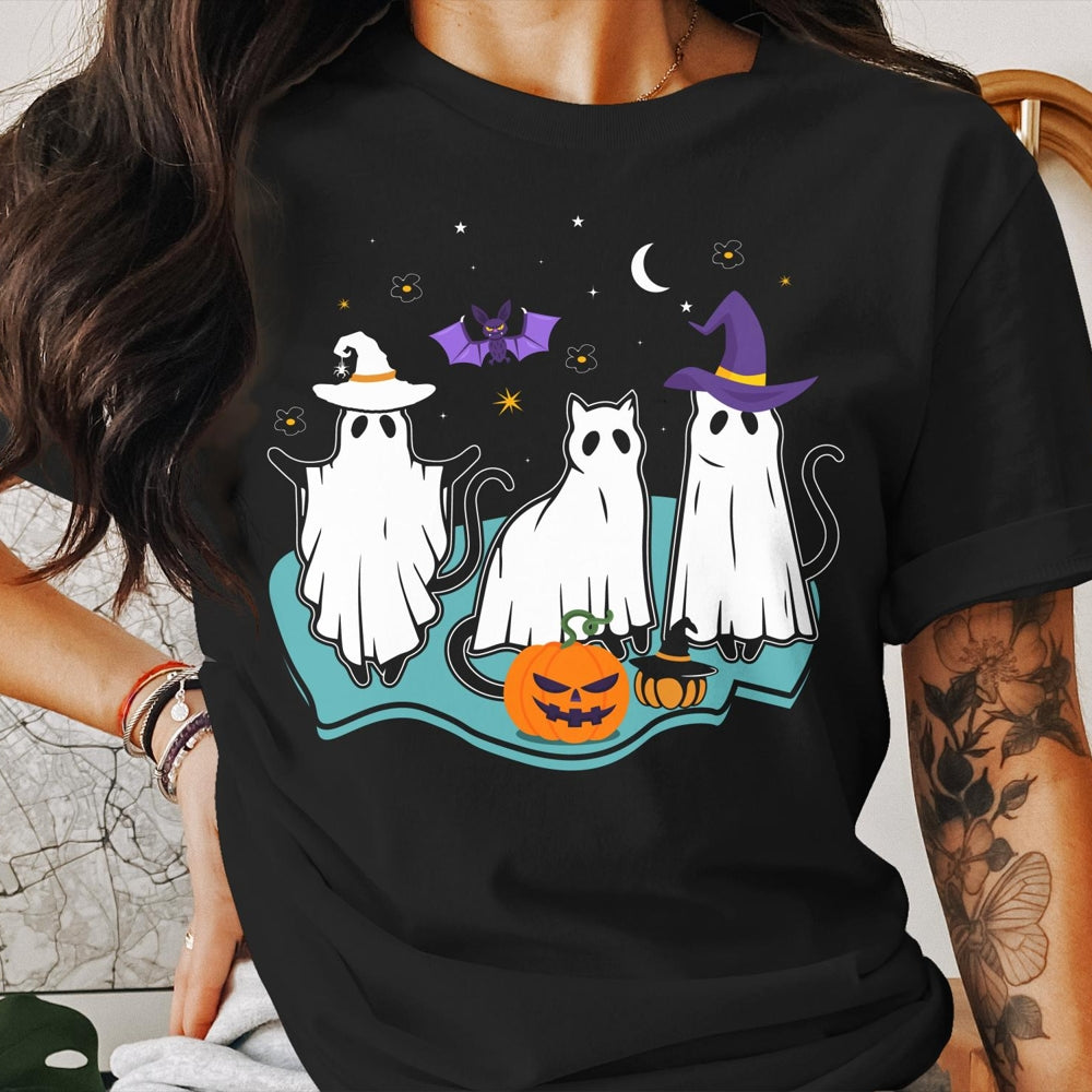 black-cats-in-ghost-halloween-tee