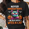 never-underestimate-an-old-hippie-with-a-cat-halloween-tee