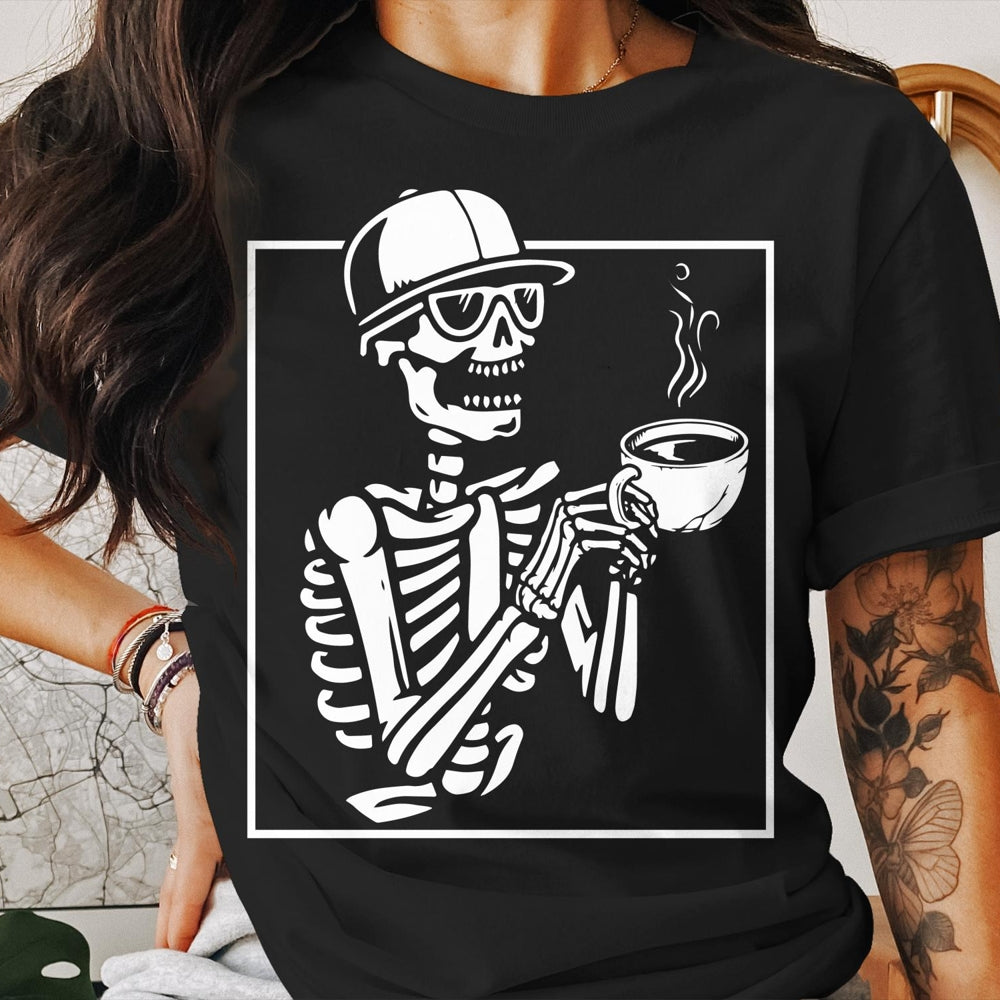 skeleton-and-coffee-halloween-tee