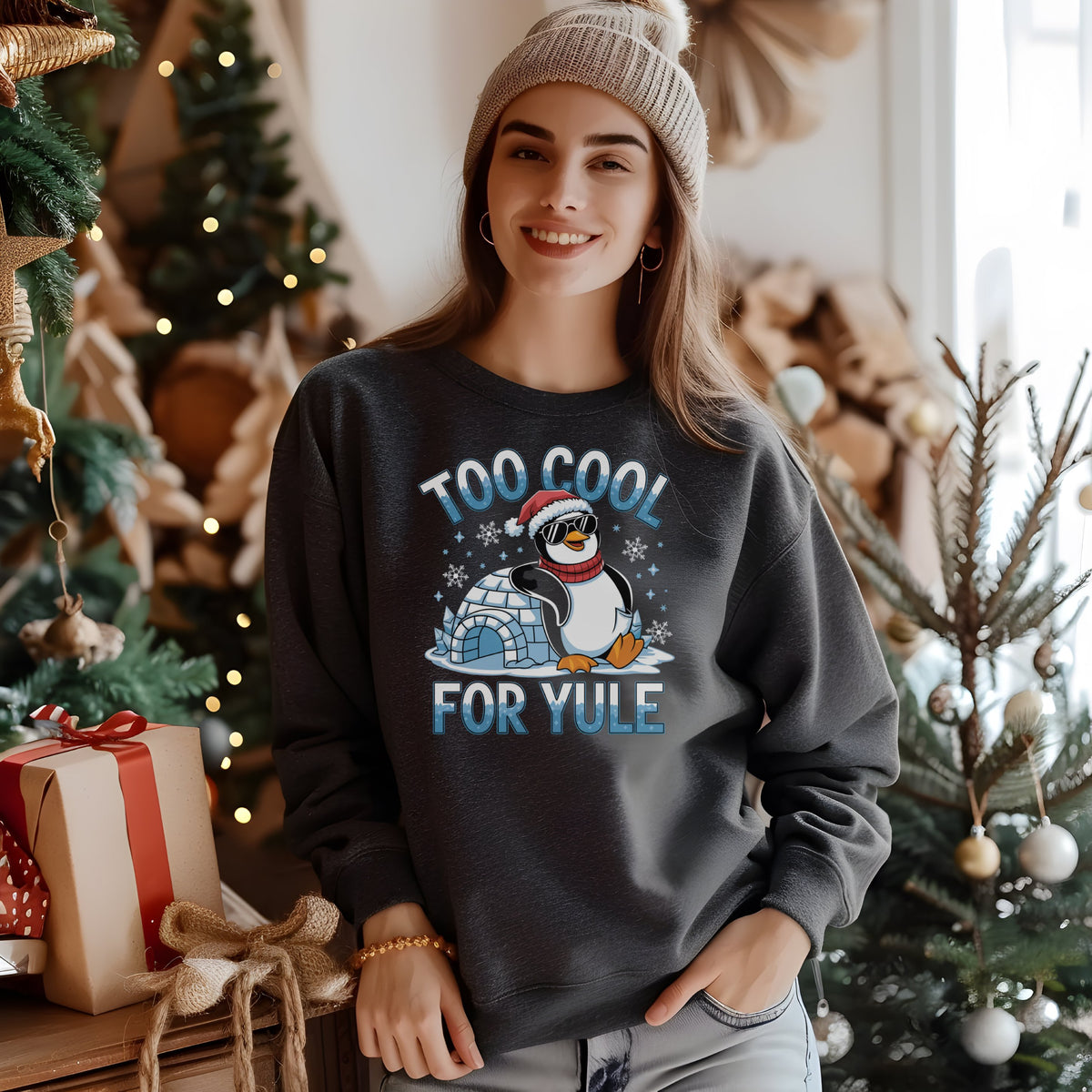 too-cool-for-yule-christmas-sweatshirt,-fun-women's-holiday-sweatshirt,-trendy-christmas-pullover,-cool-winter-sweater,-festive-holiday-sweatshirt